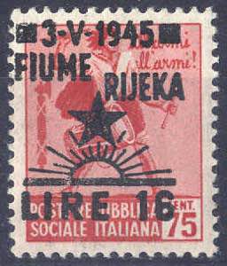 1945, Fiume, 16 L. su 75 C. rosa carminio, ... 