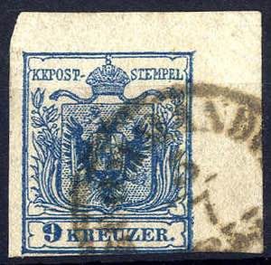 1850, 9 Kr. HPIIIa dunkelblau, Eckrandstück ... 