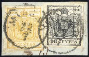 1850, 10 cent. nero con decalco e 5 cent. ... 
