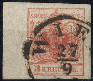 1850, 3 Kr. HPIIIa rot, linkes Randstück, ... 