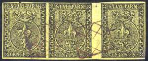 1852, 5 Cent. giallo, striscia di tre ... 