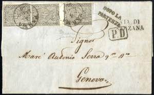 1852, 10 Cent. bianco, striscia verticale di ... 