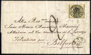 1852, 3 Baj. giallo cromo su lettera da Roma ... 