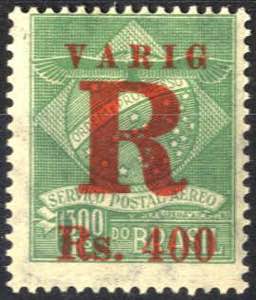 1928, Varig, Aufdruck hellrot 12½ mm lang R ... 