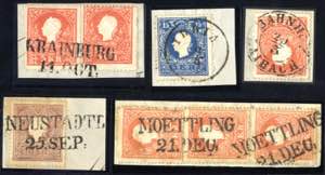1859, 5 Briefstücke, 5 Kr., 10 Kr., 2x5 ... 