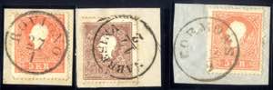 1859, 3 Briefstücke, 5 Kr., 10 Kr., alle ... 