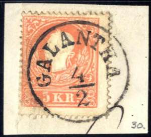 Galantha, RS-f auf Briefstück mit 5 Kr. rot ... 