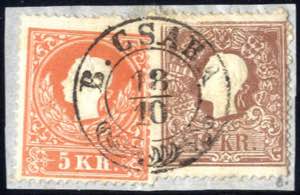 B. Csaba, RDb-f auf Briefstück mit 5+10 Kr. ... 