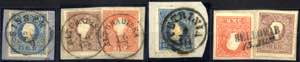 1858/59, 4 Briefstücke (2 mit 5+10 Kr. und ... 