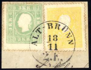 1858, 2 Kr. gelb Type II + 3 Kr. grün ... 