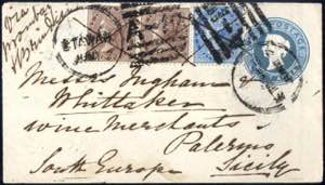 1882, envelope 1/2 Anna blue with 1882 1/2 ... 