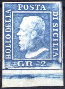 1859, 2 gr. azzurro, carta di Palermo, bordo ... 