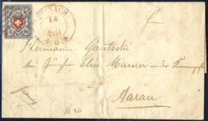 1851, Brief nach Aarau frankiert durch Rayon ... 