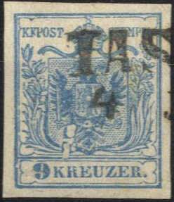 1850, 9 Kr. blau Type I HP, Plattenfehler ... 
