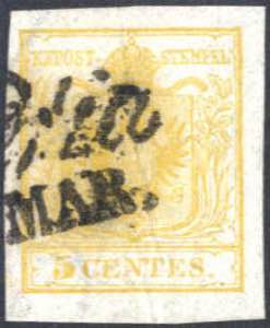 1850, 5 centesimi giallo limone verdastro ... 