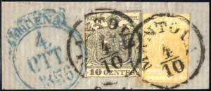 1850, frammento con 5 cent e 10 cent. ... 