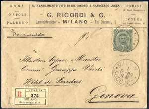 1889, raccomandata del 1.9.1889 da Milano a ... 