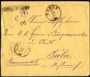 1889, gelbes Reko-Briefkuvert von Bacau nach ... 