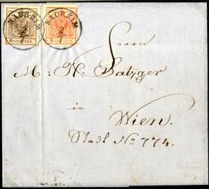 Kaurzim 2.7. 1850, Brief mit 3 und 6 ... 