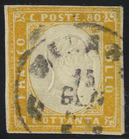 1855/63, 80 Cent. giallo, legg. spellato (S. ... 