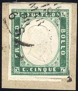 1855/63, 5 Cent. verde smeraldo, usato su ... 