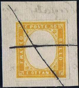 1861, 80 Cent. giallo arancio su frammento, ... 