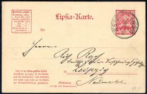 1898, Privatpostkarte der Stadt Leipzig zu 3 ... 