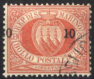 1892, 10 (c.) su 20 c. rosso, soprastampa ... 