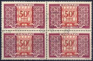 1946/57, 50 Fr. lila und rot, Viererblock ... 