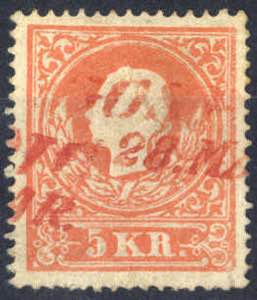 1858, Gospich, zwei rote Teilstempel auf 5 ... 