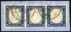 1861, 20 c. azzurro oltremare, striscia di ... 