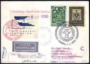 1950, Erstflug Innsbruck-Amsterdam, Karte, ... 