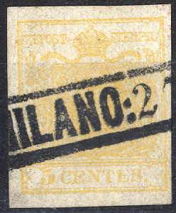 1850, 5 Cent. giallo ocra, usato, cert. ... 