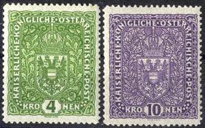 1917, Wappen, 4 Kr. gelbgrün + 10 Kr. ... 