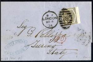 1874, 6 Pence grau auf Auslandsbrief von ... 