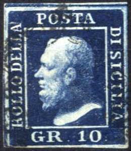 1859, 10 gr. azzurro cupo, usato, Sass. 12