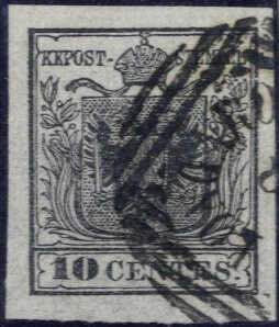 1850, 10 cent. nero su carta sottile 0,07mm, ... 