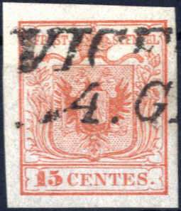 1850, 15 cent. rosso vermiglio, I°tipo, ... 