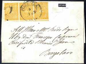 1853/55, 5 Cent. giallo arancio, striscia di ... 
