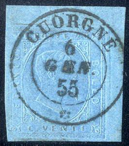 1853, 20 c. azzurro, angolo di foglio a ... 