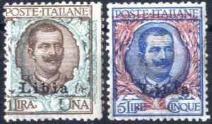 1912, 1 e 5 L. Floreale con ornato spostato, ... 