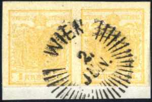 1850, waagrechtes Paar 1 Kreuzer orangeocker ... 