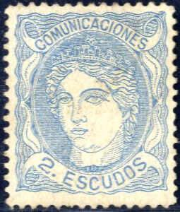 1870, 2 Escudos blau, ungebraucht ohne ... 