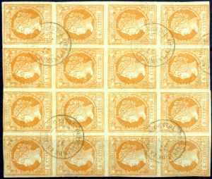 1860, 4 Cs. orange auf grünlich, 16er Block ... 