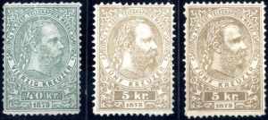 1873, 5 Kr. (zwei Farbnuancen) und 40 Kr. ... 