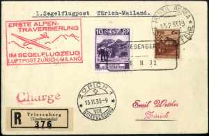 1933, Segelflugpost Zürich-Mailand mit ... 
