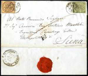 1852, lettera da Bologna il 22.10 per Siena, ... 