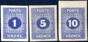 1916, Portomarken 1 Kr., 5 Kr. und 10 Kr. ... 