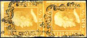 1859, ½ grano arancio, carta di Napoli, ... 