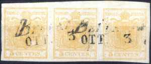 1850, 5 c. giallo ocra su carta a mano, ... 
